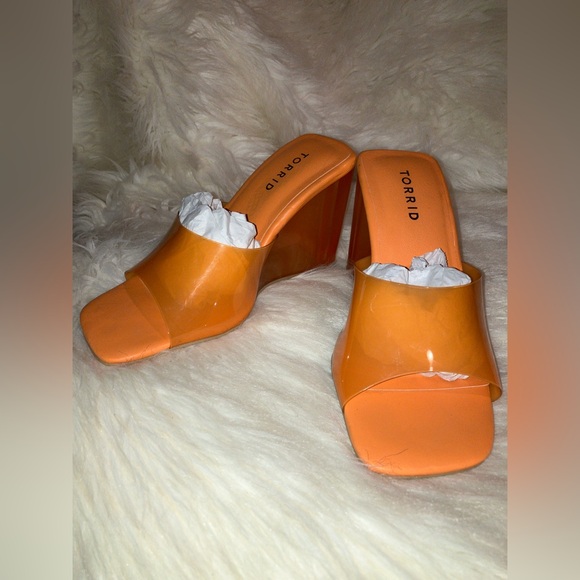 Torrid Sandal Orange Lucite Clear Heels Wedge Mule Slide - Picture 5 of 11